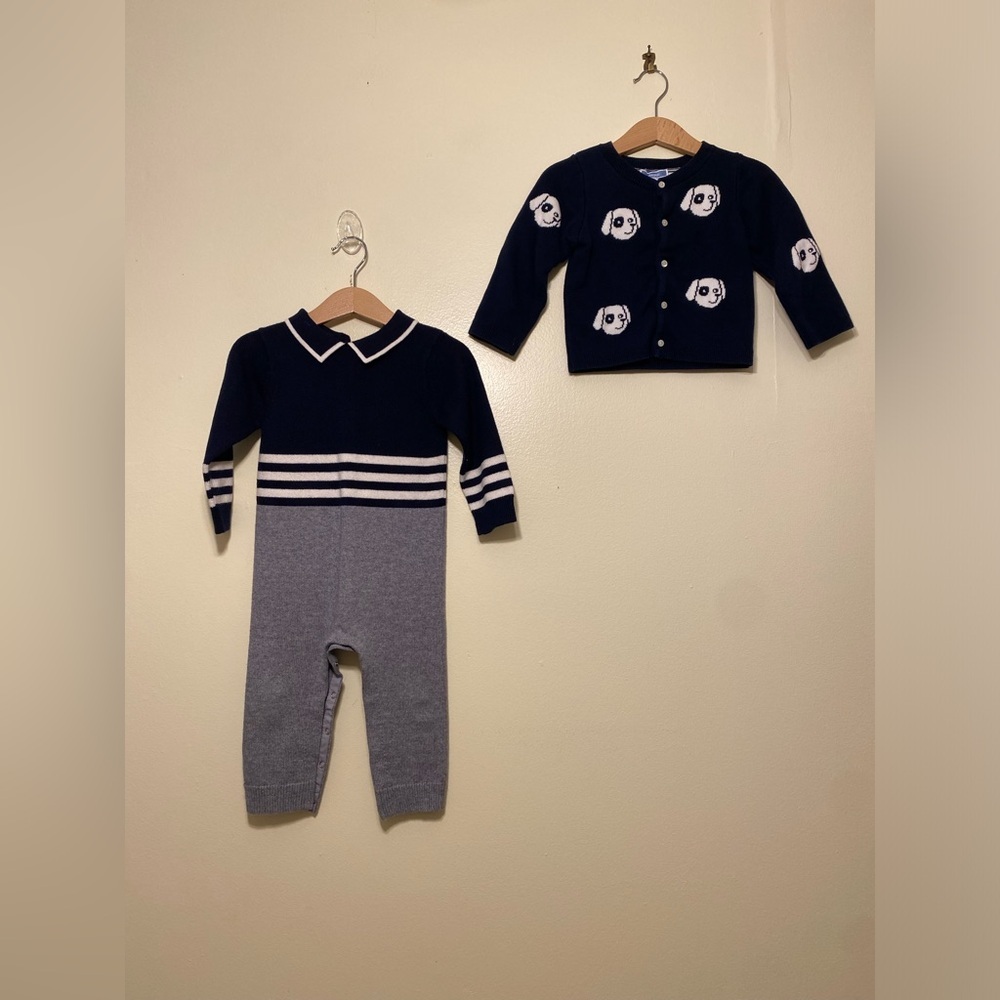 Jacadi Navy Baby Garment. One piece & Cardigan. Size 18M
